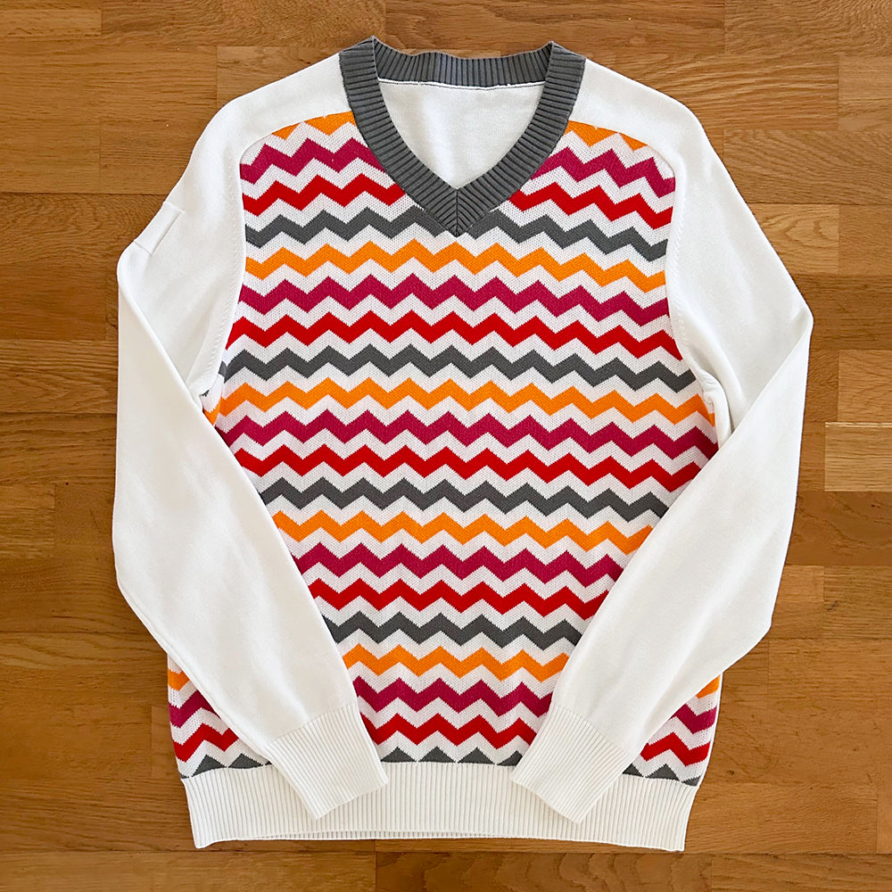 Cotton V Neck Jumper with jacquard Front- off White - S (sample)
