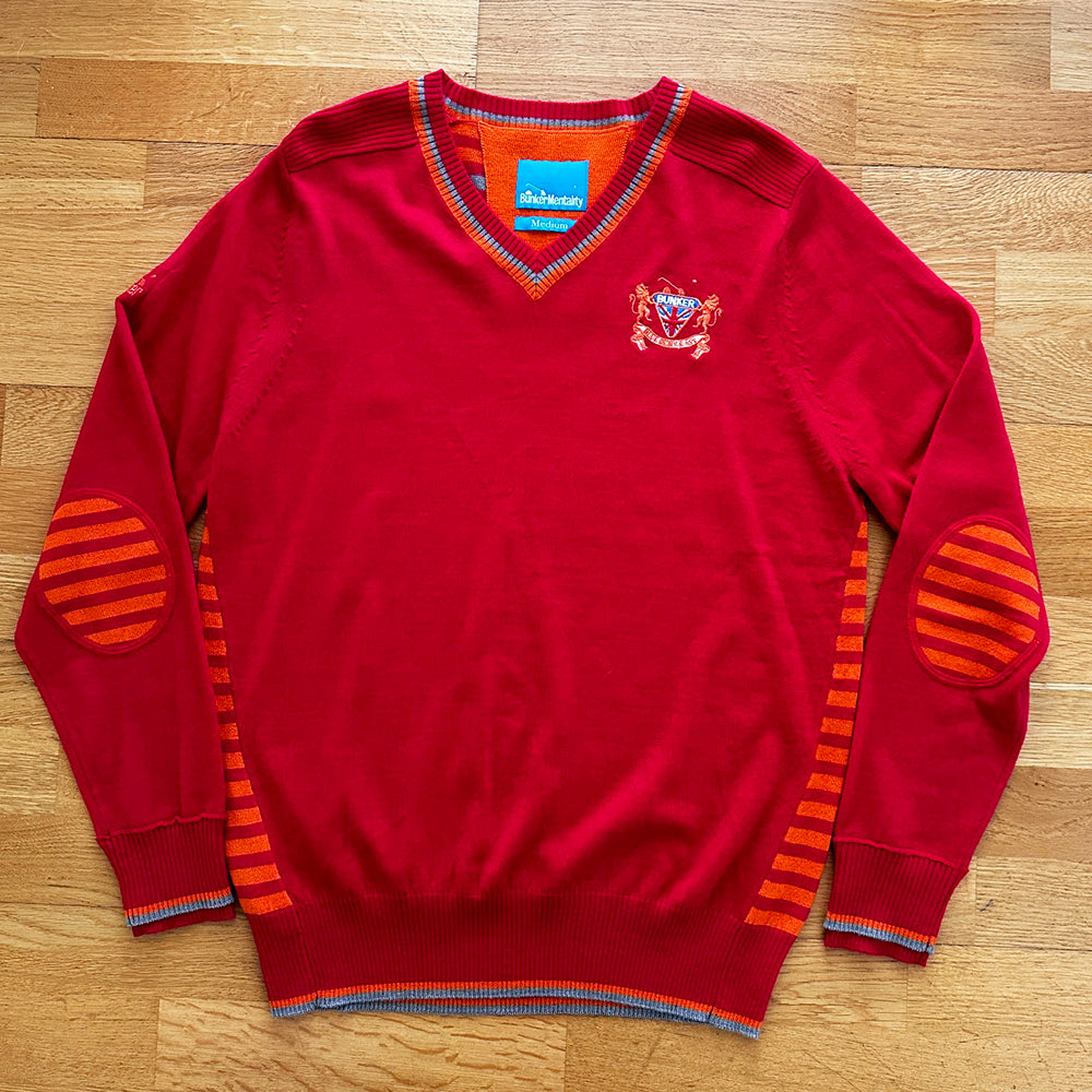 Merino Wool V Neck with Crest & Stripe Back- Red - M (Sample)