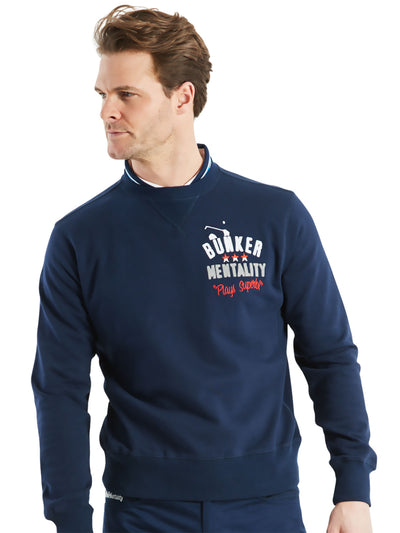Bunker Mentality branded navy blue mens golf lifestyle sweatshirt - On Jamie