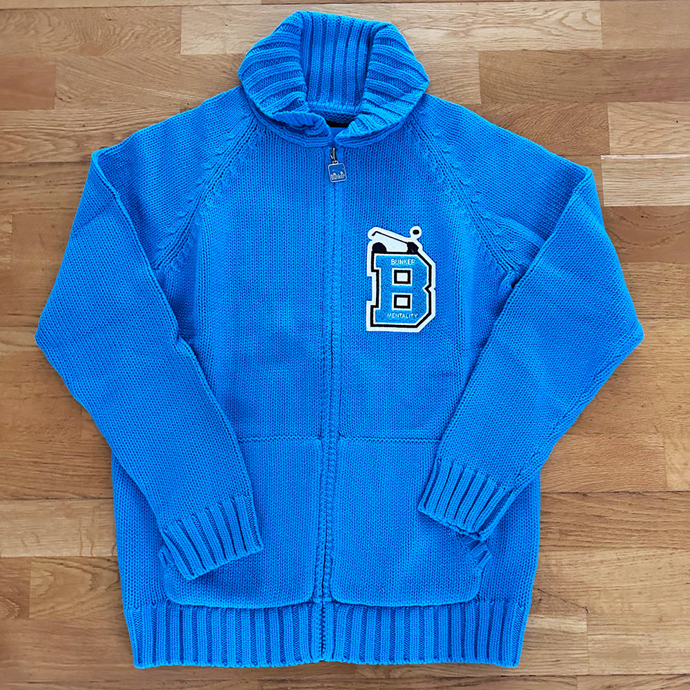 Cotton Heavy Knit Full Zip Cardigan with Jacquard Buggy  - Blue -  XS 38" S 40" chest  - (Sample)