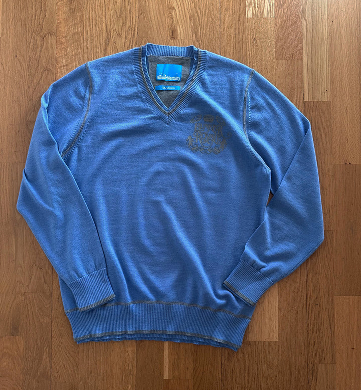 V Neck Merino Wool Jumper with back Eagle print  - Blue - Medium (Sample)