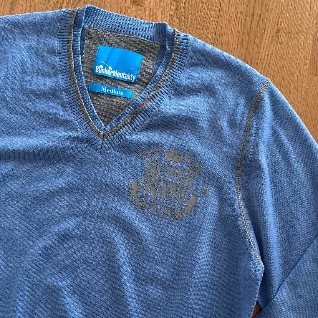 V Neck Merino Wool Jumper with back Eagle print  - Blue - Medium (Sample)