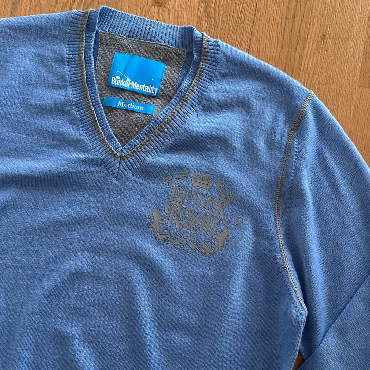 V Neck Merino Wool Jumper with back Eagle print  - Blue - Medium (Sample)