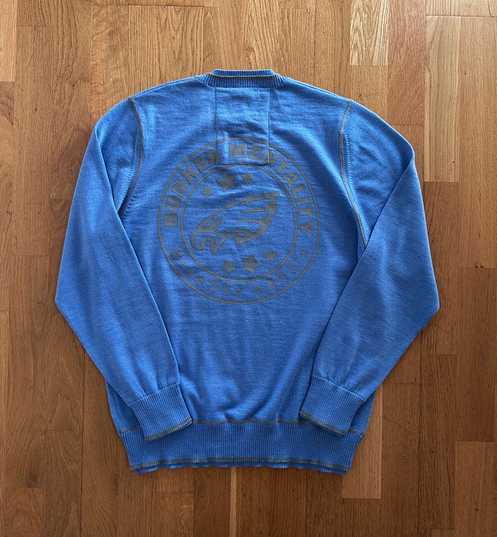 V Neck Merino Wool Jumper with back Eagle print  - Blue - Medium (Sample)