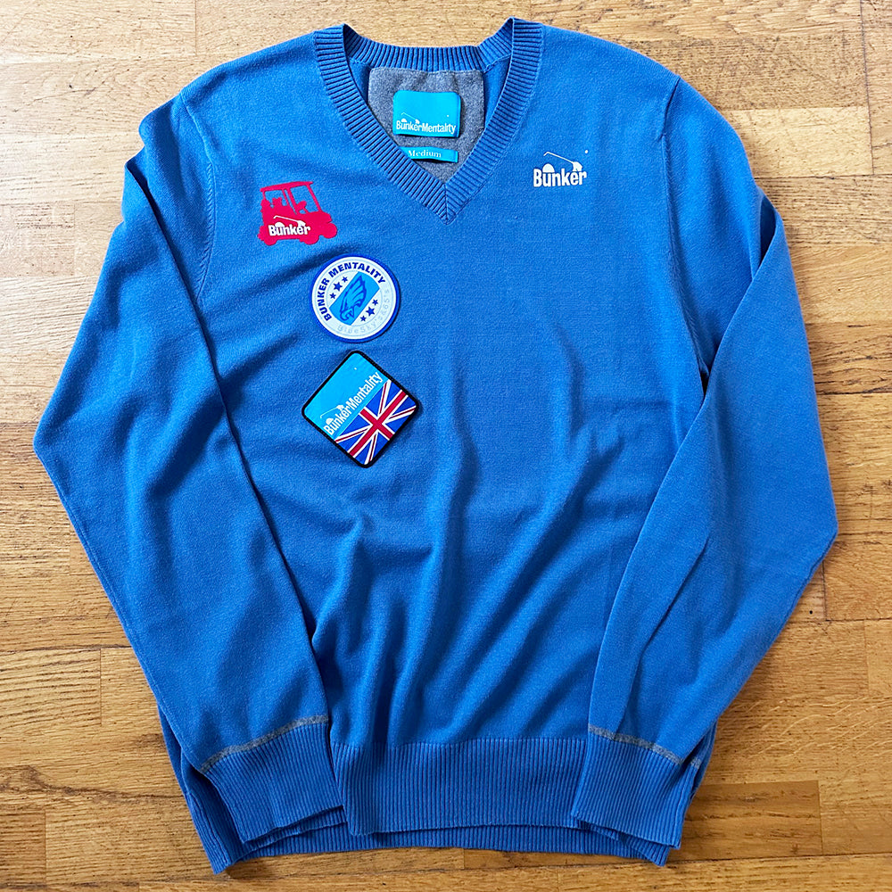 Cotton V Neck Jumper with sewn on badges Jumper -Ink blue - all sizes(sample)