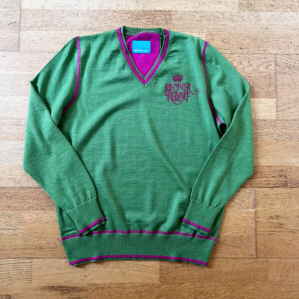 Merino V Neck Jumper with Back Print -Green - medium (sample)