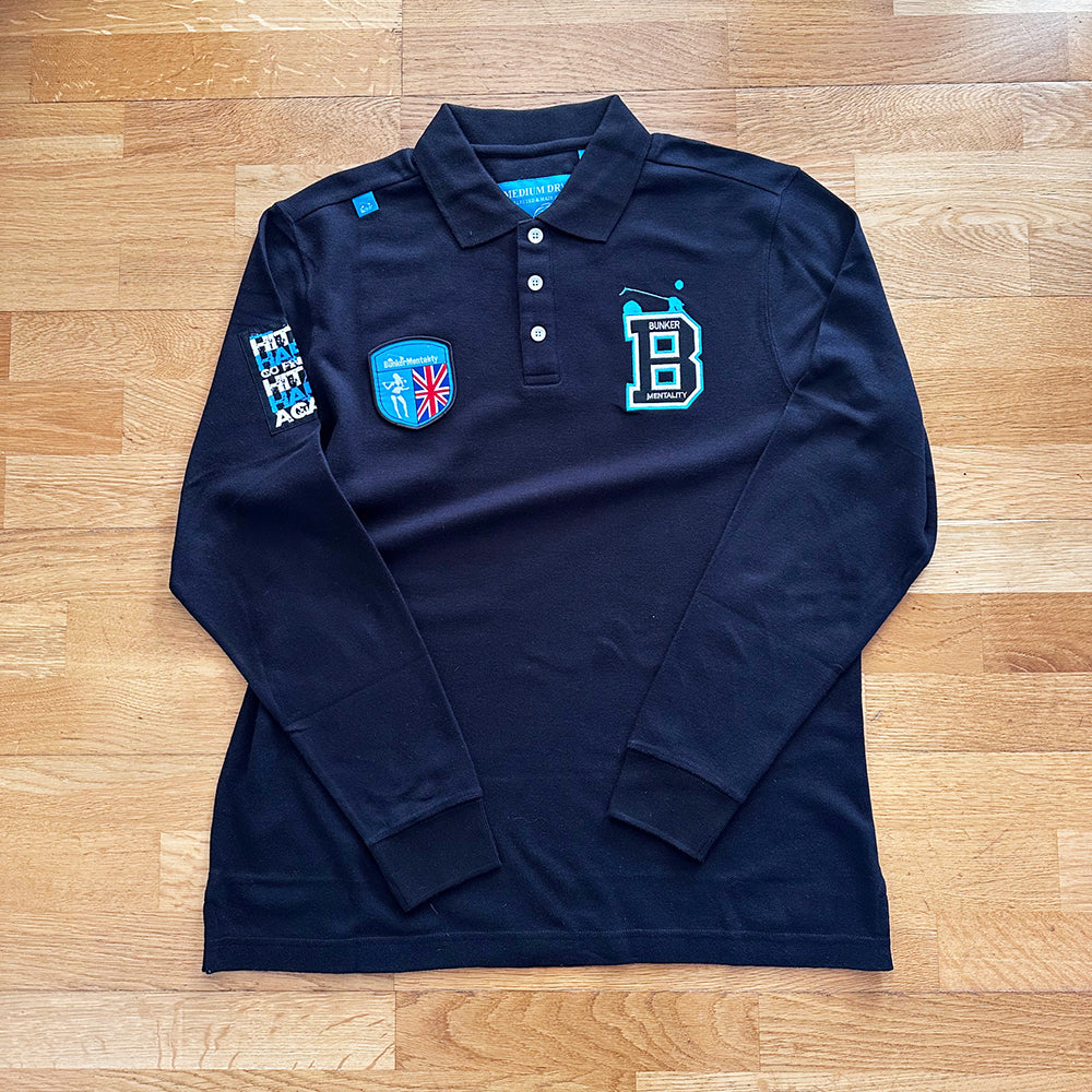 Cotton Pique Long Sleeve Clubhouse Polo with Badges - Black - M (sample)