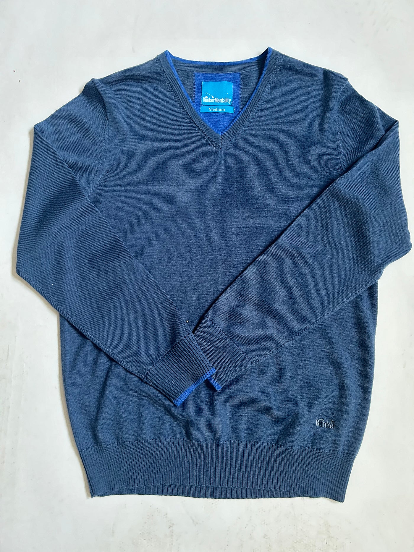 Merino Wool V Neck Jumper  - Blue - Multiple Sizes (Sample)