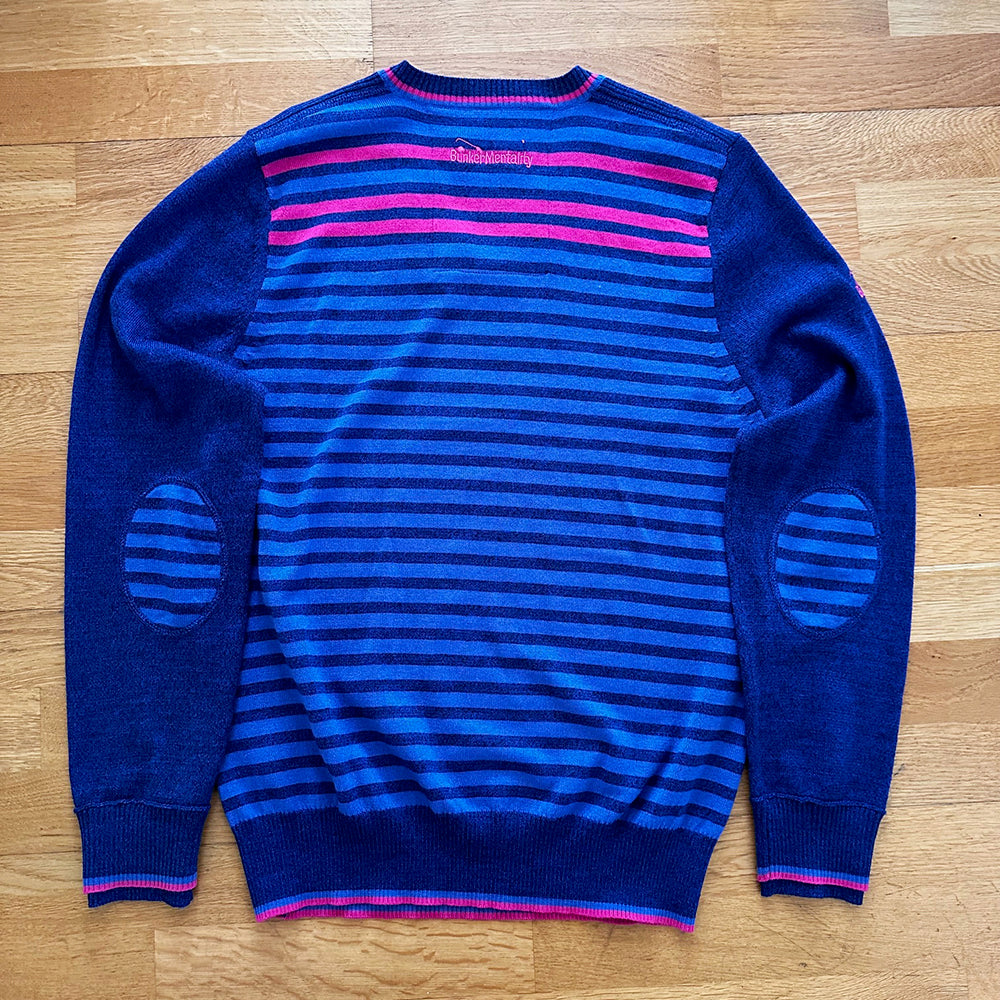 Merino Wool V Neck with Crest & Stripe Back- Blue - M (Sample)