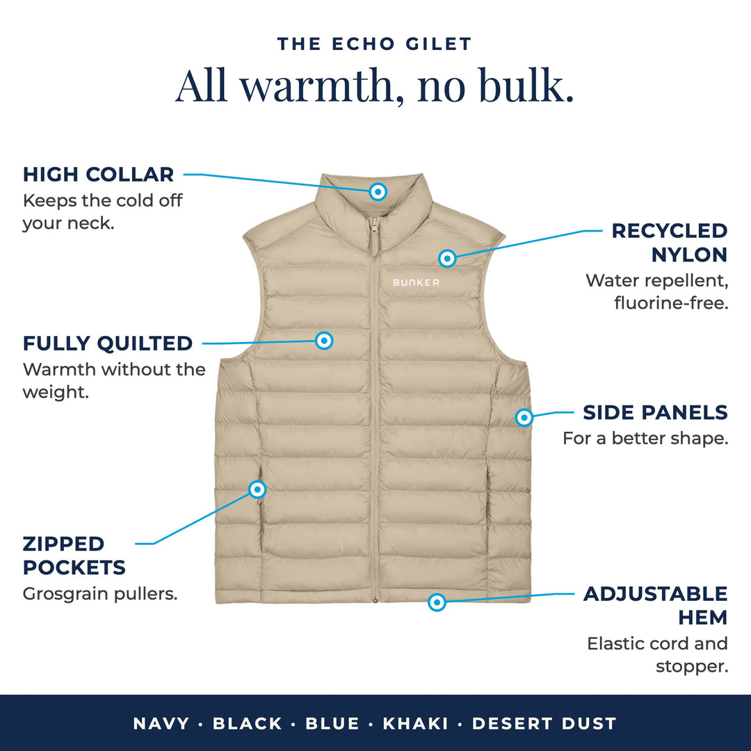 Echo Gilet in Desert Dust: high collar, fully quilted, zipped pockets, recycled water-repellent nylon, side panels, adjustable hem