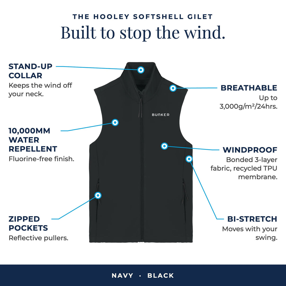 Hooley Softshell Gilet in Black: stand-up collar, 10,000mm water repellent, zipped pockets, breathable, windproof, bi-stretch