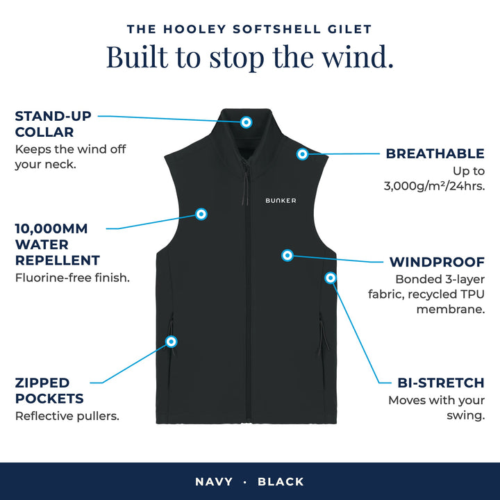 Hooley Softshell Gilet in Black: stand-up collar, 10,000mm water repellent, zipped pockets, breathable, windproof, bi-stretch
