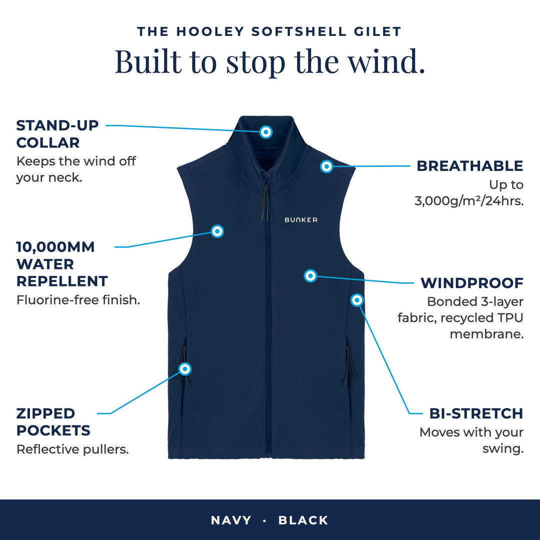 Hooley Softshell Gilet in Navy: stand-up collar, 10,000mm water repellent, zipped pockets, breathable, windproof, bi-stretch