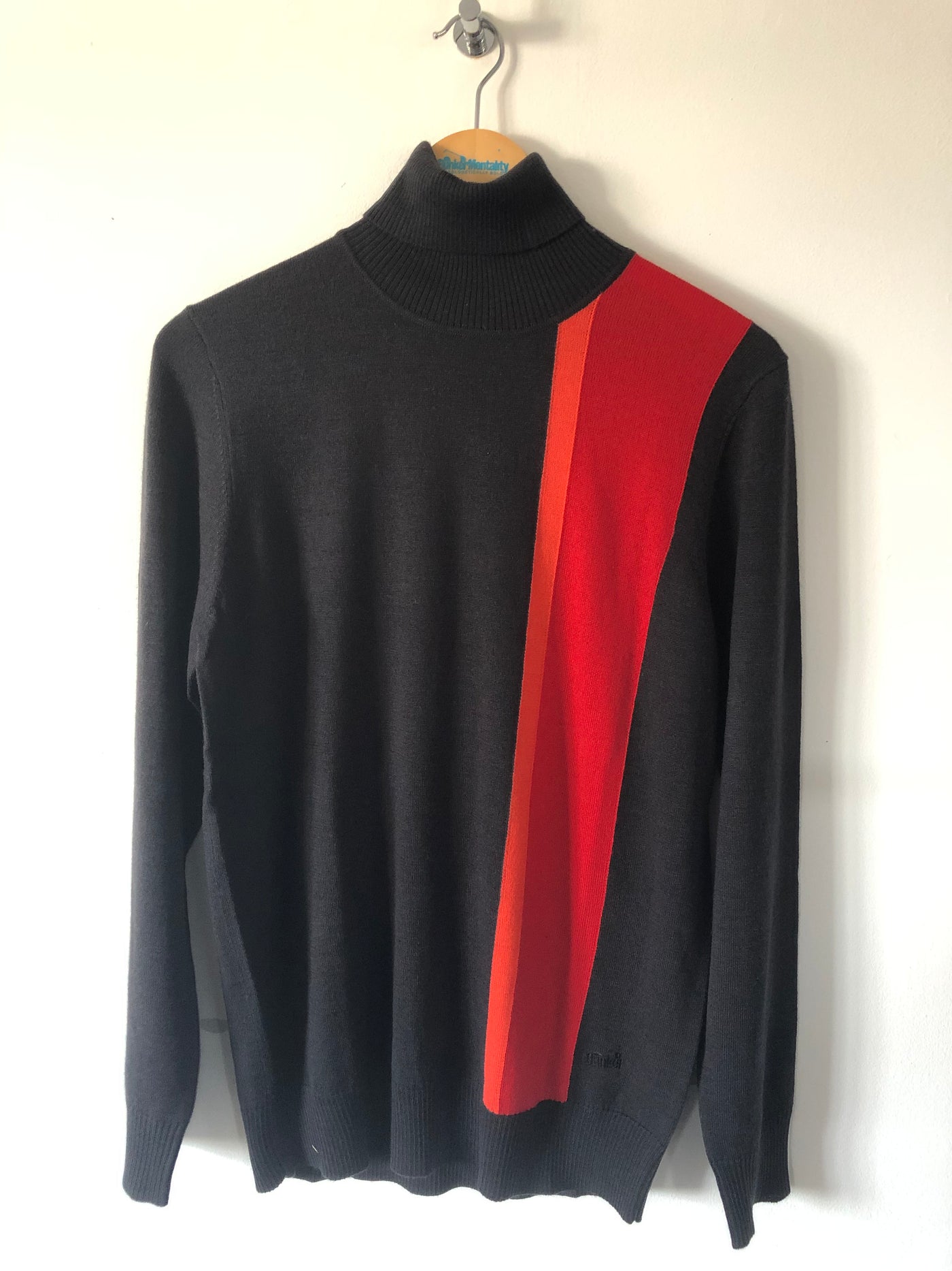 Merino Wool Roll Neck Jumper (Sample) - Charcoal Grey with Red Stripe  - Multiple Sizes
