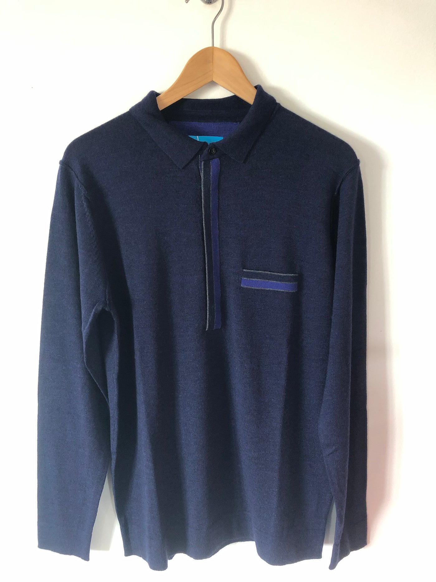 Merino Wool Knitted Polo Long Sleeve (Sample) - Navy Blue  - Multiple Sizes