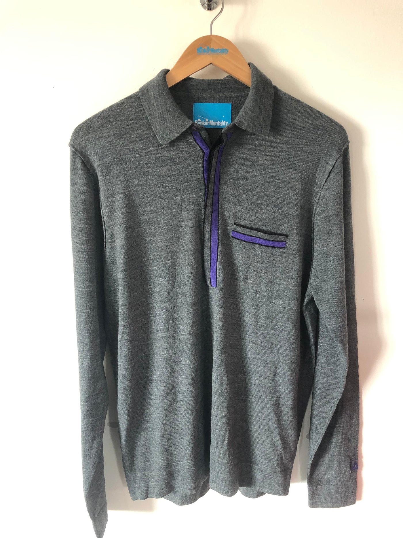 Merino Wool Knitted Polo Long Sleeve (Sample) - Grey Marl  - Multiple Sizes