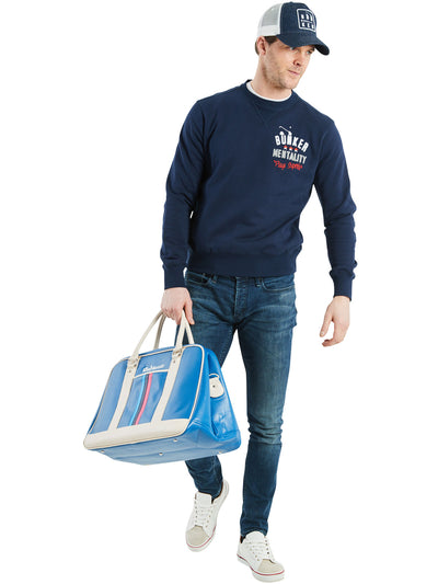 Bunker Mentality branded navy blue mens golf lifestyle sweatshirt - On Model wearing Jeans