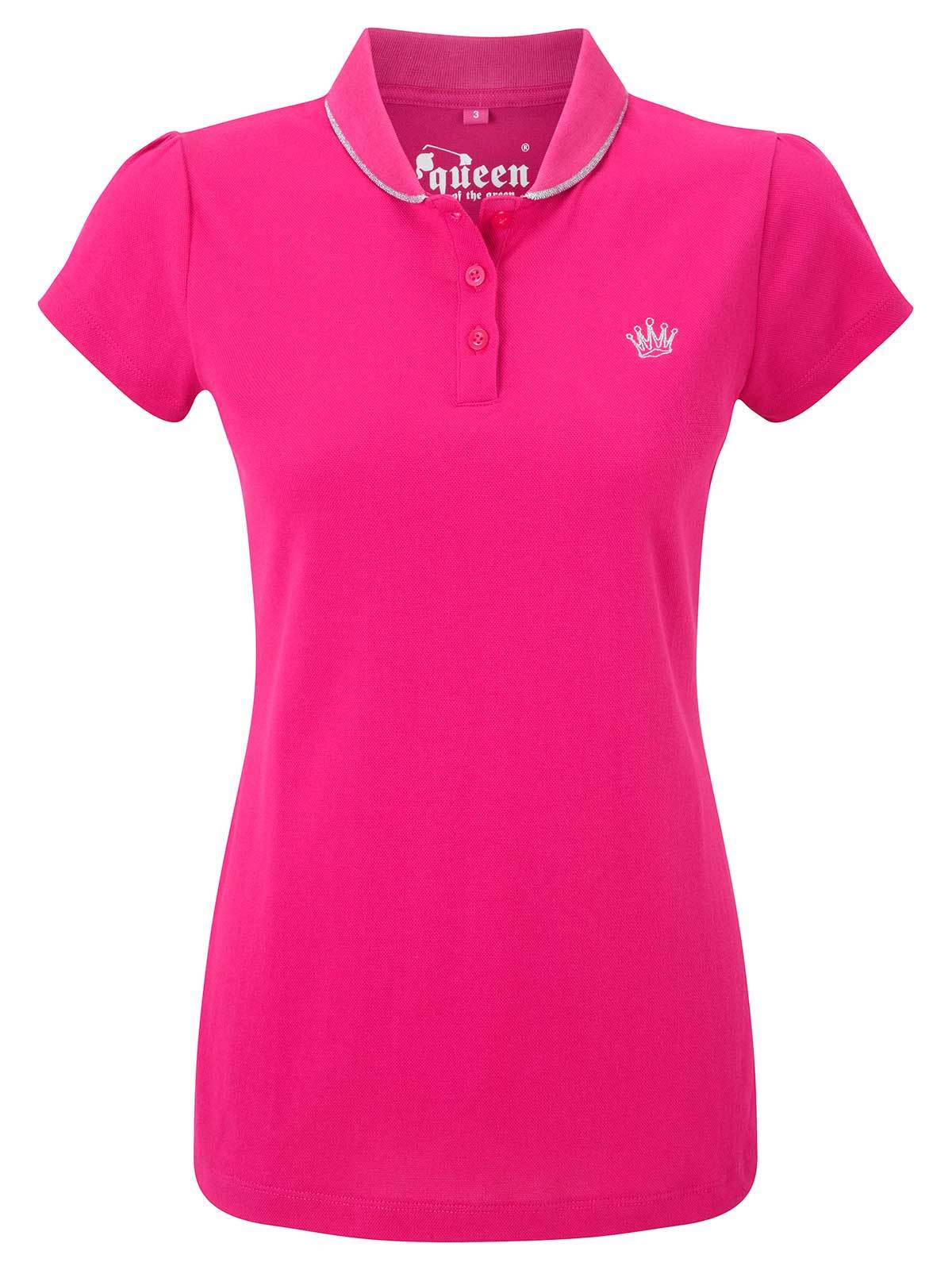 Bunker Mentality Pink Ladies Golf Polo Shirt with small silver embroidered Crown on Chest - Front