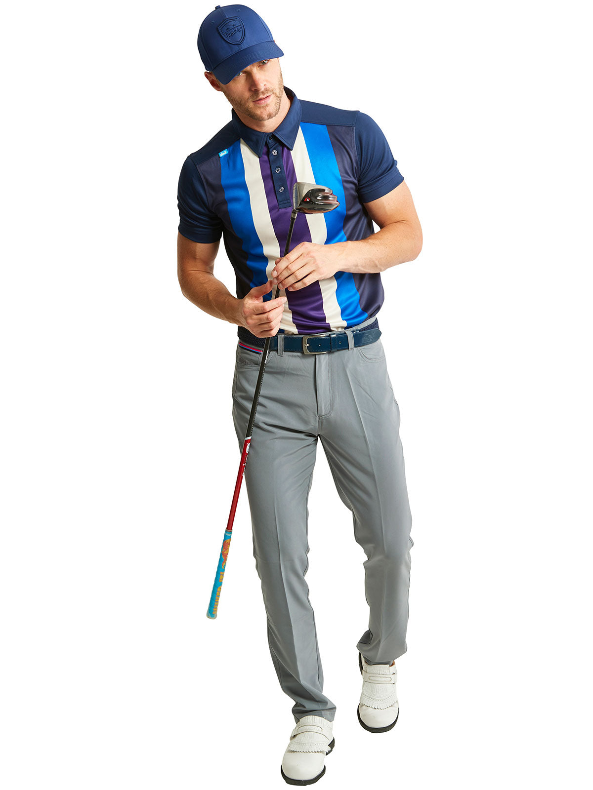 Bunker Mentality Five Vertical Stripe Navy Blue Mens Golf Shirt with Grey Golf Trousers