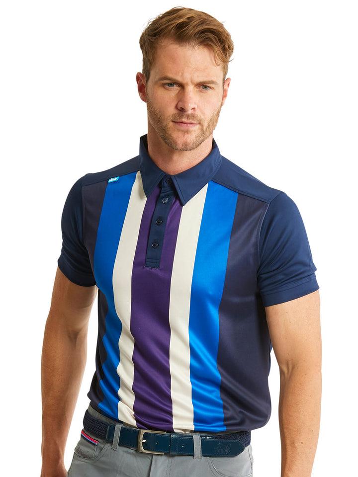 Bunker Mentality Five Vertical Stripe Navy Blue Mens Golf Shirt - Model