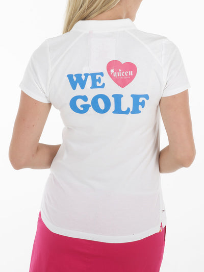 Queen of the green white womens golf polo shirt with we heart golf on back - Back