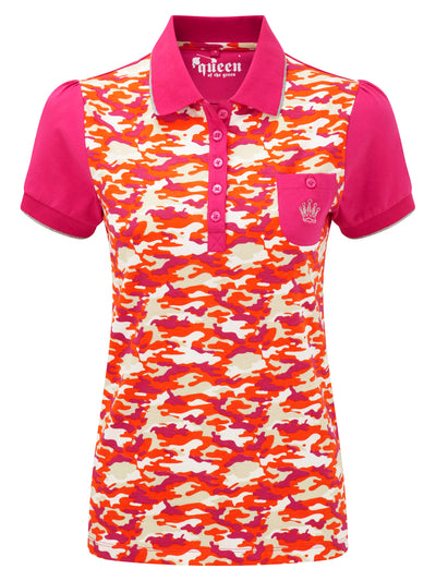 Queen of the Green Pink Orange Camo Print Womens Golf Polo Shirt