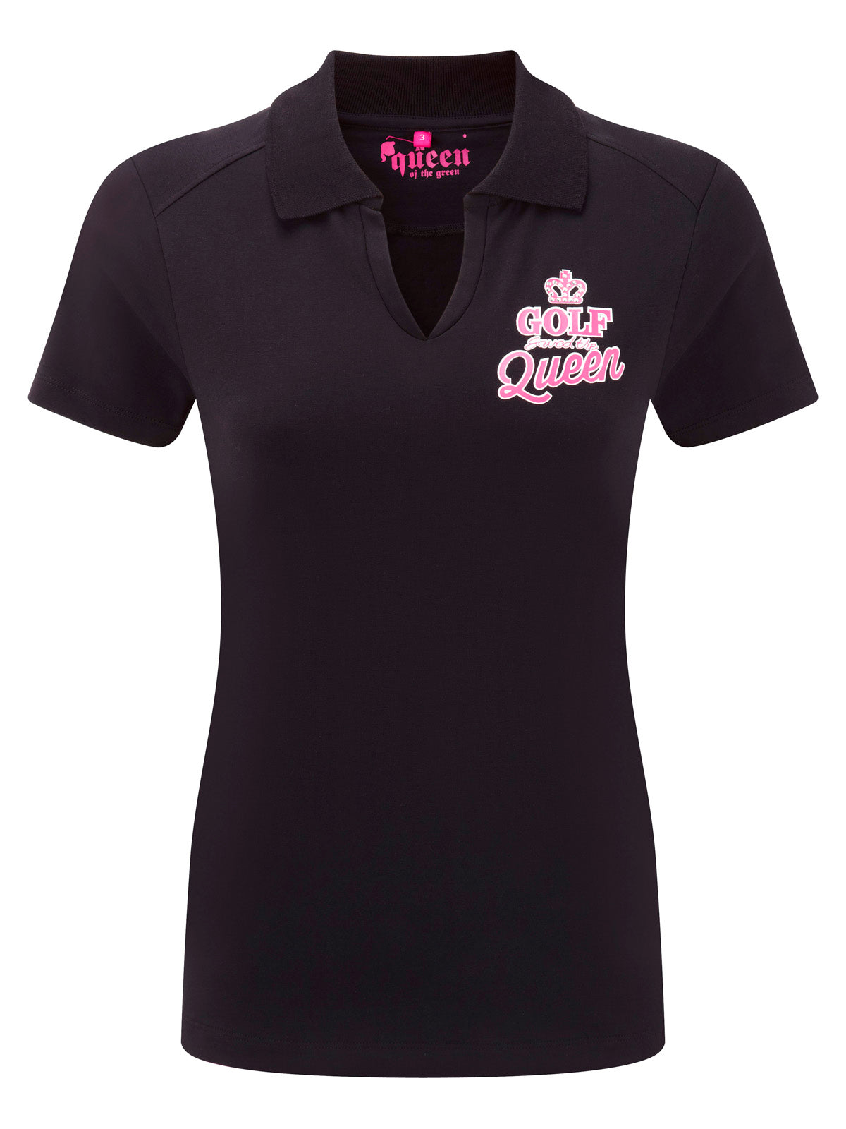 Queen of the Green Black Womens Golf Polo Shirts with Golf Saved The Queen on the front and back - Front
