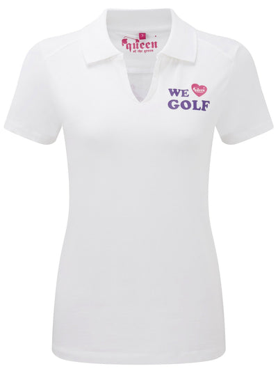 Queen of the Green White womens golf polo shirt with logo on the back